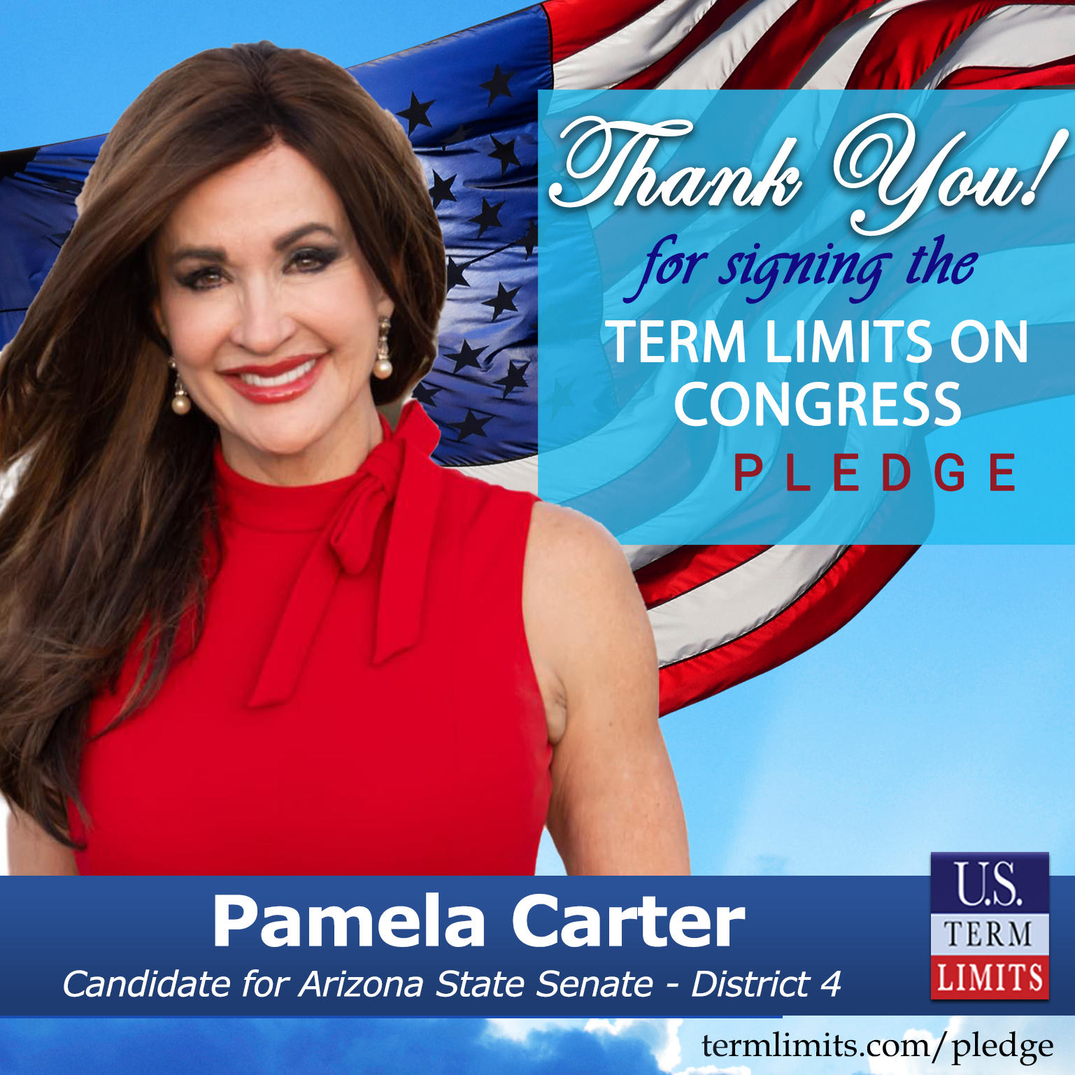 U.S. Term Limits thank-you graphic for Pamela Carter signing the Term Limits on Congress pledge