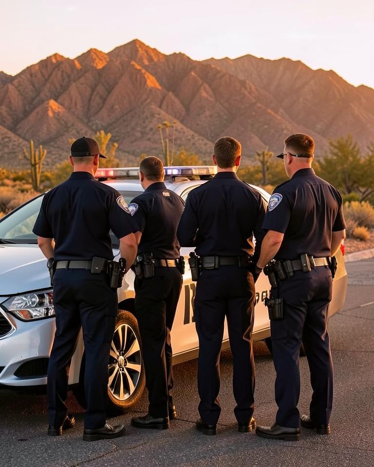 Arizona police officers beside a patrol car at golden hour with desert mountains behind