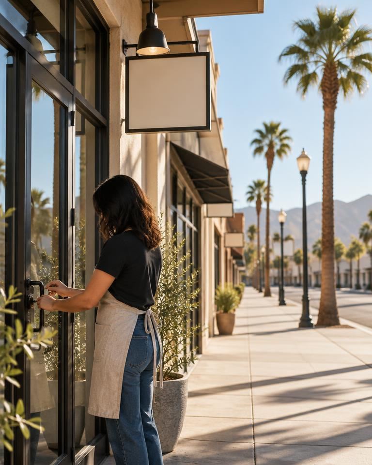 A shop owner unlocking her storefront on a sunny Arizona main street