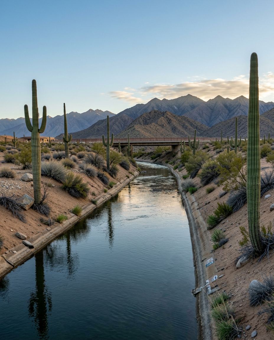 An Arizona canal carrying water through the Sonoran Desert at sunset