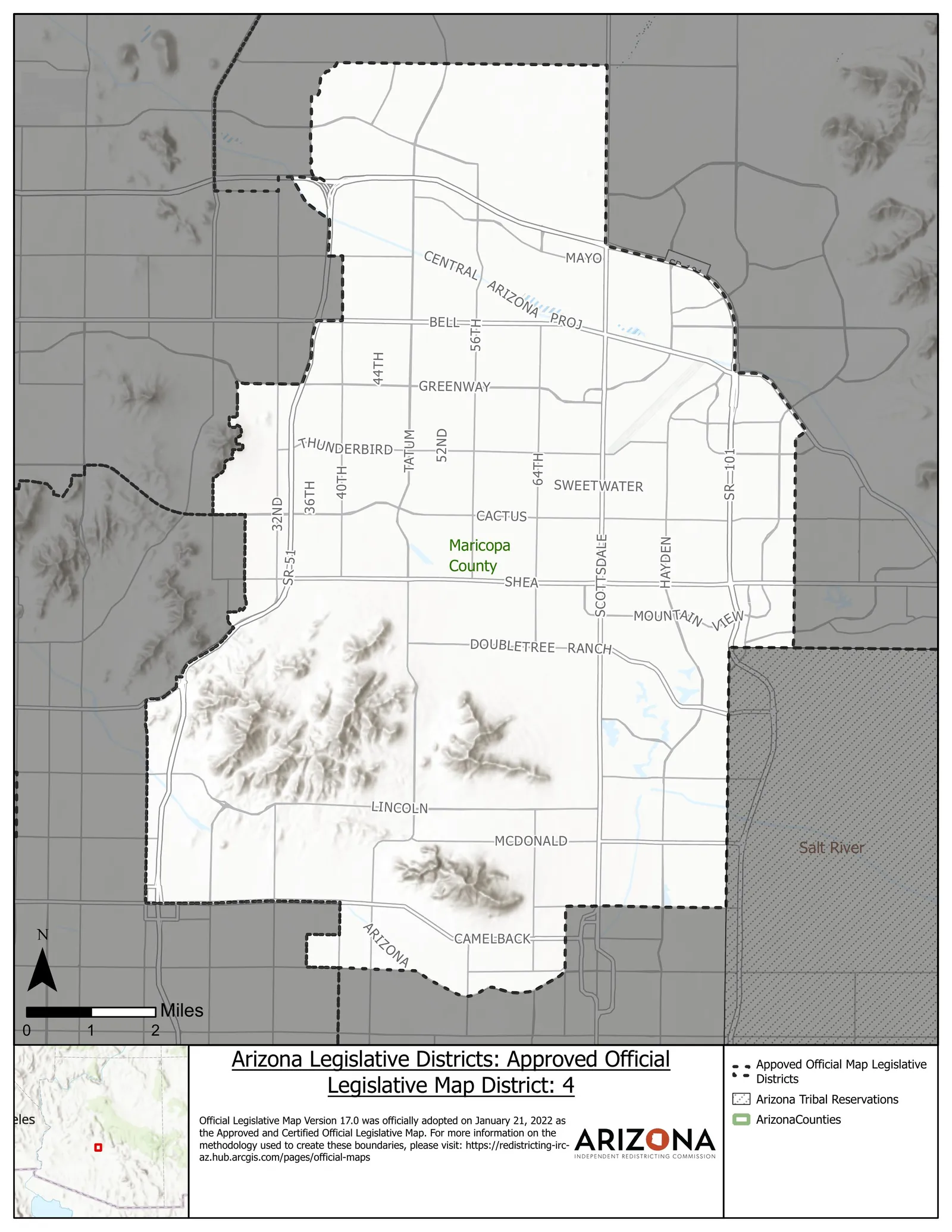 Official Arizona Independent Redistricting Commission map of Legislative District 4, showing the boundary from Camelback Road north to the Loop 101 across North Phoenix, Arcadia, Paradise Valley, and central Scottsdale.